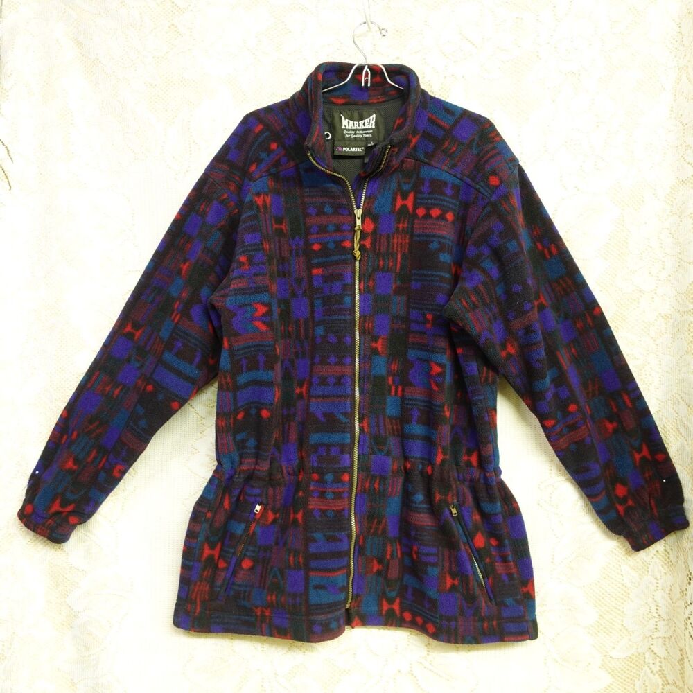 Vintage Marker Polartec Mens Sz Large Zip Up Fleece Jacket Geometric Made in USA